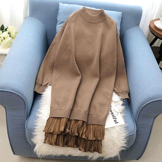 Women's Solid Color Mid-length Wool Dress Autumn and Winter Pullover Loose Over-knee Knit Bottomed Thickened Dress