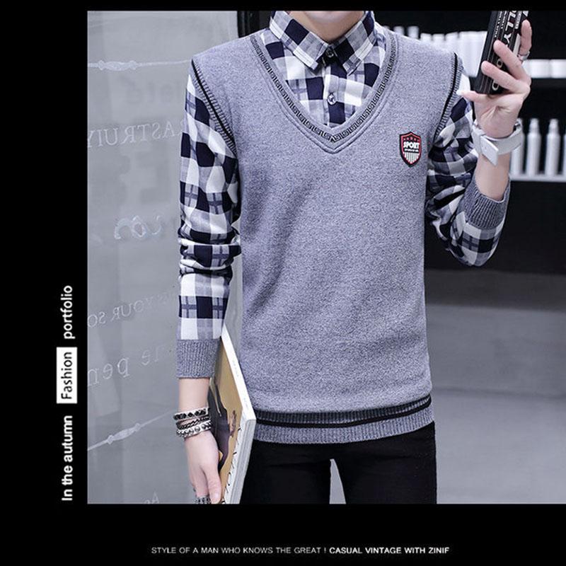 Autumn and Winter Men's Sweater Shirt Fake Two-piece Plus Velvet Thick Knit Sweater Slim Pullover for Teenagers