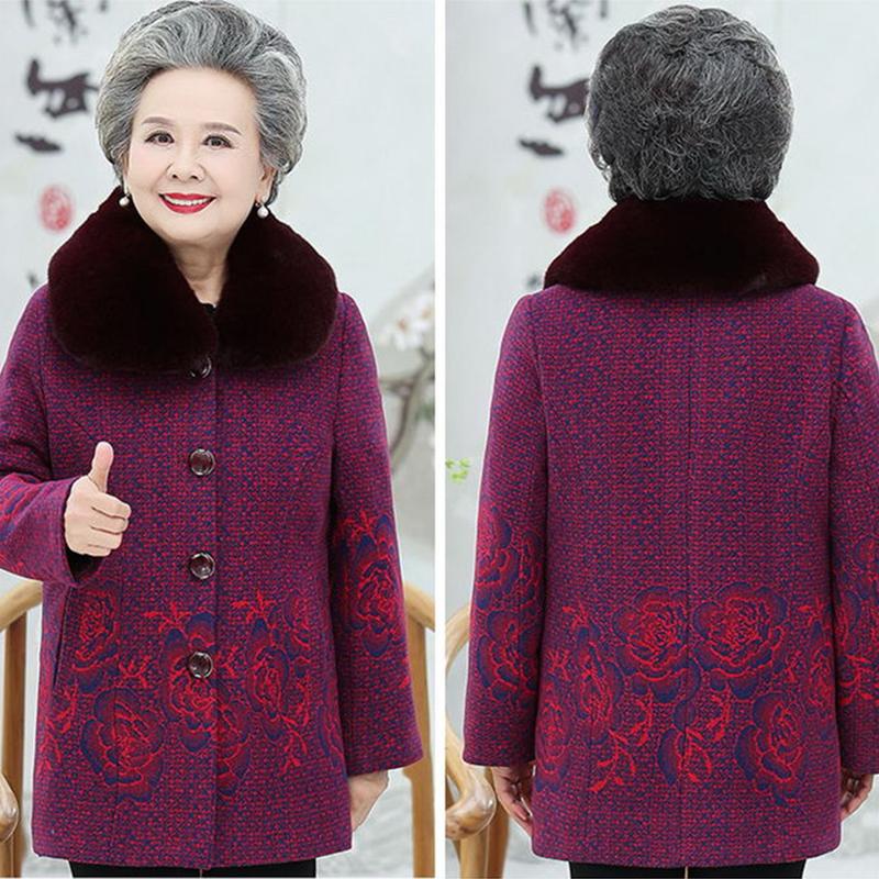 Autumn Winter Clothing Outer Plus Velvet Thick Woolen Clothes Middle-aged and Elderly Cotton-padded Clothes Women