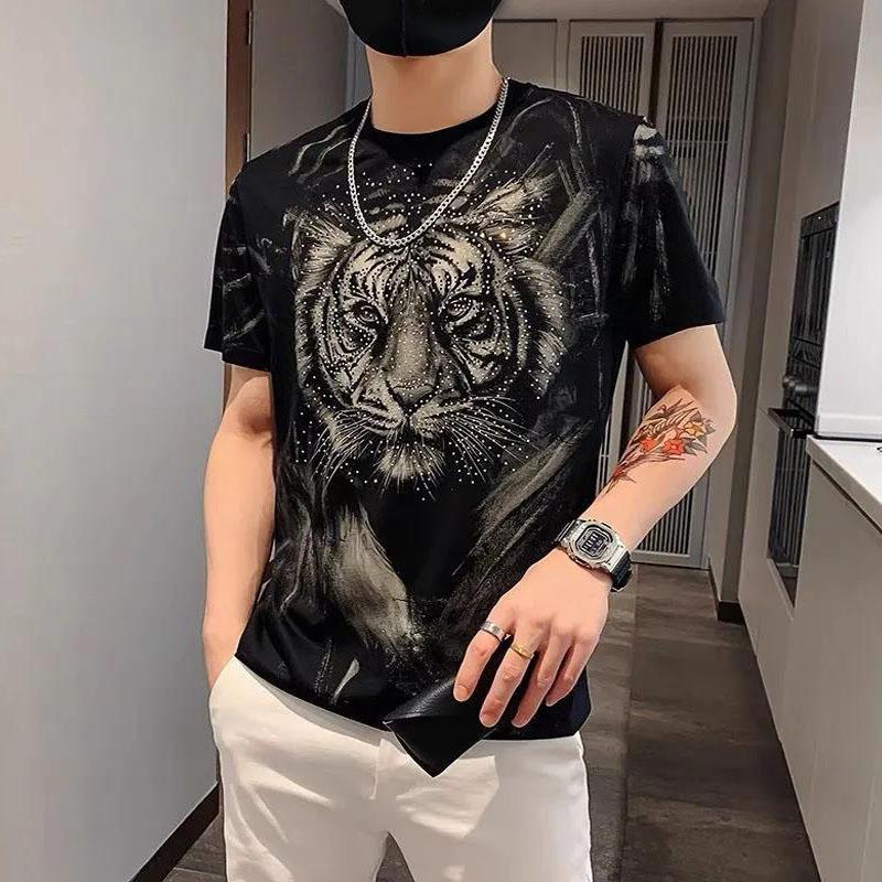 3D Tiger Print T-shirts High Street Diamond Glitter Trendy Personality Tees Summer O-neck Short Sleeve Casual Shirt Soft Tops