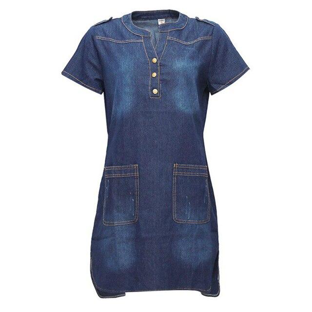 Summer Plus Size Denim Dress Women Cotton Loose Cargo Button Neck Sexy Mini Dresses Light Blue Oversized Jeans Vestidos S-5XL