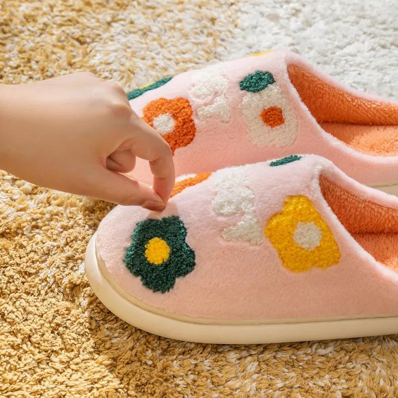 Autumn and Winter Pure Cotton Slippers  Flower Pattern  Indoor Non-slip Soft-soled Shoes Warm Simple Plush Cotton Shoes