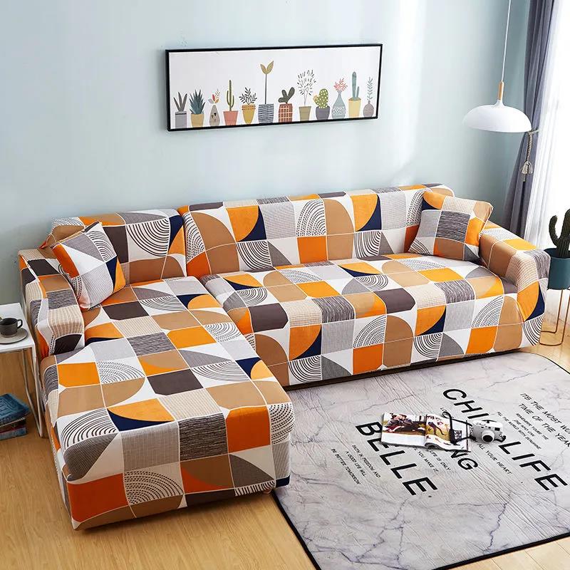 Square Lattice Printed L Shape Sofa Covers for Living Room Sofa Protector Anti-dust Elastic Stretch Covers for Corner Sofa Cover