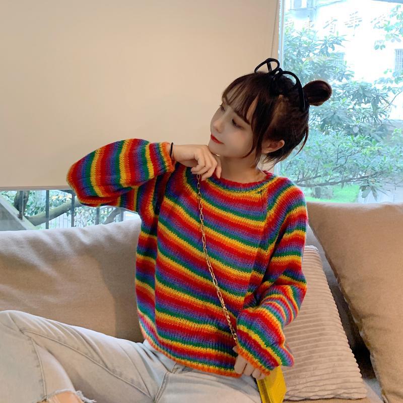 Short Rainbow Striped Sweaters Women Jumpers Knitted O-neck Loose Pullover Long Sleeve Knit Sweater Winter Female