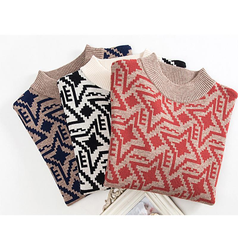 Women's Autumn and Winter Fashion Sweater Casual Knitted Sweater Printing Round Neck Pullover Loose Long Sleeve Sweater