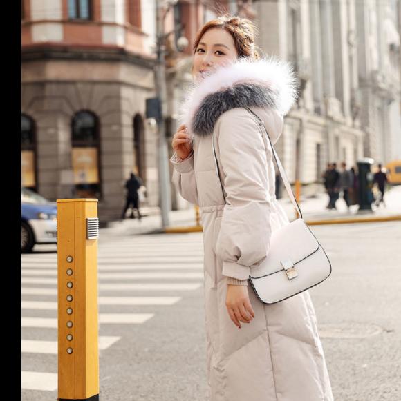 Women's Solid Color White Duck Down Jacket Mid-length Korean Style Loose Thick Coat Warm Cotton Coat with Big Fur Collar Winter Quilted Jacket