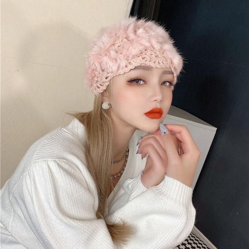 Rabbit Hat Woman Autumn and Winter Handmade Crochet Wool Fur Hat Korean Version The Wild Bag Warm Knit Hat Tide