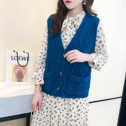 Autumn and Winter Knitted Cardigan Vest with Sleeveless Solid Color Jacket Fashion Casual Women Sweater