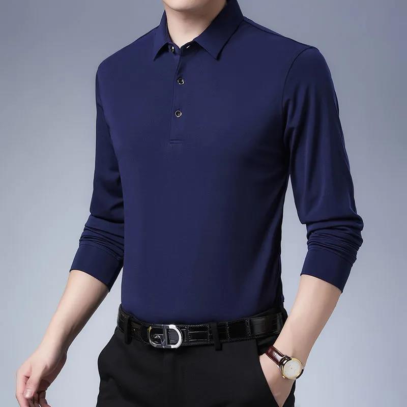 Men's Long-sleeved T-shirt Autumn Lapel Solid Color Business Shirt Casual Loose Polo Bottoming Shirt