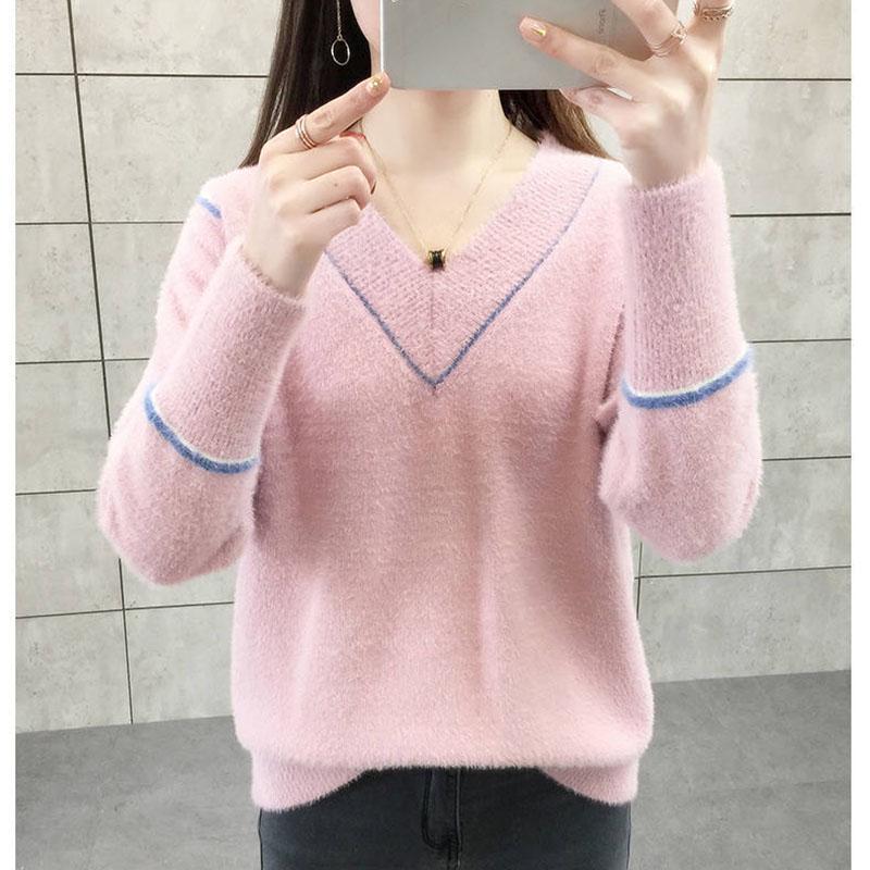 Autumn and Winter Mohair Sweater Loose Casual V-neck Tops Fashion Knitted Women's Bottoming Shirt