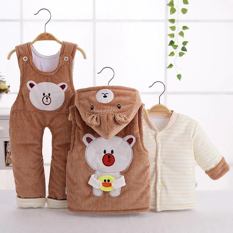 Newborn Autumn and Winter Quilted Three-piece Cotton Padded Jacket Thickened Infant Baby Clothes Hooded Vest and Suspenders Three-piece Cotton Coat