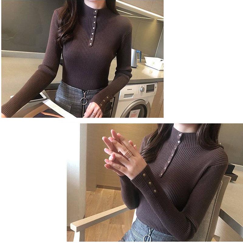 Women Knitted Pullover Sweater Long Sleeve half Turtleneck Sexy Slim Lady Button Casual Sweaters Top