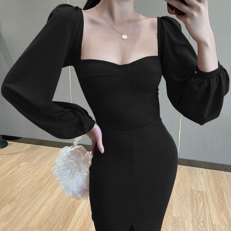 Female Retro Elegant Long Sleeve Court Style Bubble Sleeve Slim and Long Split Graceful Dress