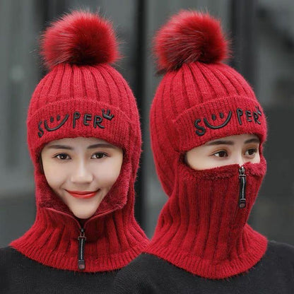 Winter Knitted Woolen Hat, Bib, One-piece Plus Velvet Thickened Earmuffs One-piece Cap, Outdoor Cycling Windproof Hat Accessories