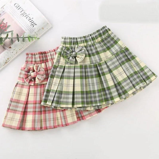 Autumn Spring Summer Casual Girls Pleated Skirt Plaid Skirt Student Performance Dress Bowknot Short Skirt