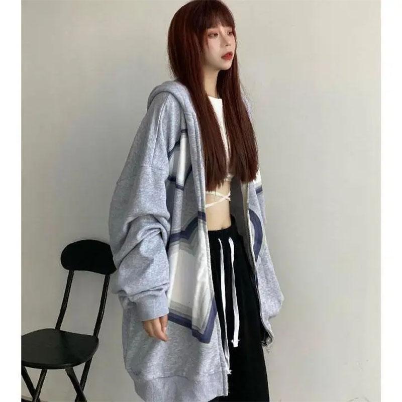 Love Print Loose Hooded Sweater Ladies Cardigan Zipper Jacket Men and Women Spring and Summer Casual Loose Loose Thin Coat Dark Style Top