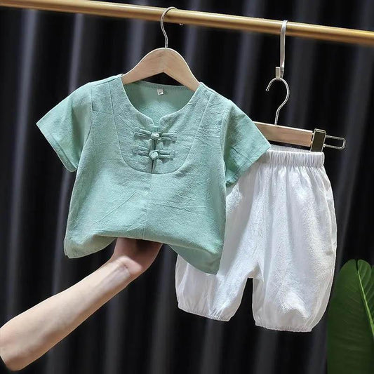 Children's Summer Thin Suit Boys Short-sleeved Shorts Two-piece Baby Cotton and Linen Breathable and Comfortable Summer Clothes