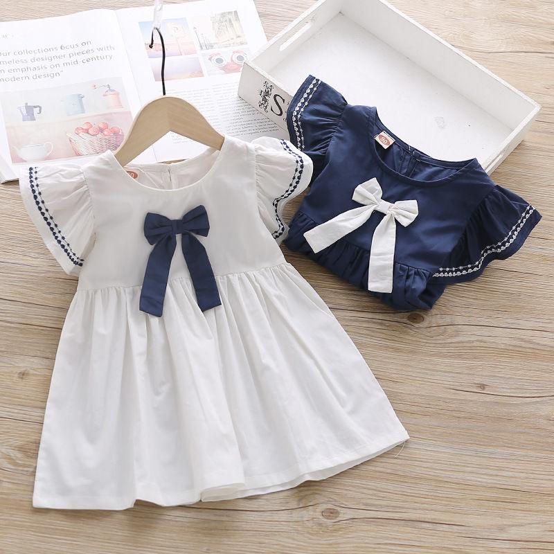 Summer Baby Girls Casual Clothes Dress Printing Short Sleeve Dress Kids Toddler Pageant Navy Dresses