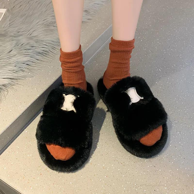 Ladies Cotton Slippers Plush Slippers Fall Winter Fashion Outer Wear All-match Flat Flat Shoes