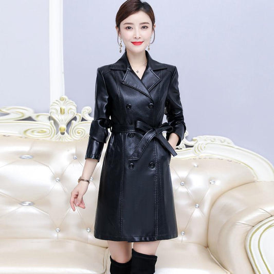 Leather Women's Mid-length Korean Slim Large Size Thicken Leather Windbreaker Jacket Women's Autumn/Winter Jacket