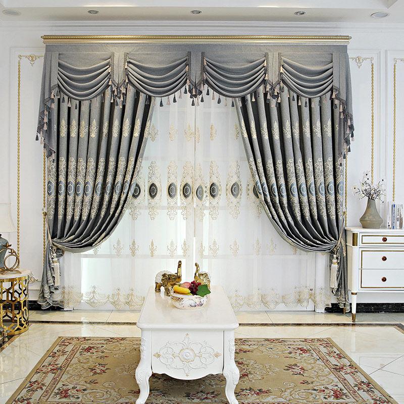 High-end European-style Embroidered Curtains Finished Living Room and Bedroom Shading, Windproof and Sunscreen Curtains (170×270cm)