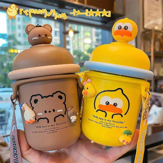 Korean Version of The Super Cute Cartoon Bear 316 Stainless Steel Thermos Cup Cute Girl Ins Strap Student Children's Cup