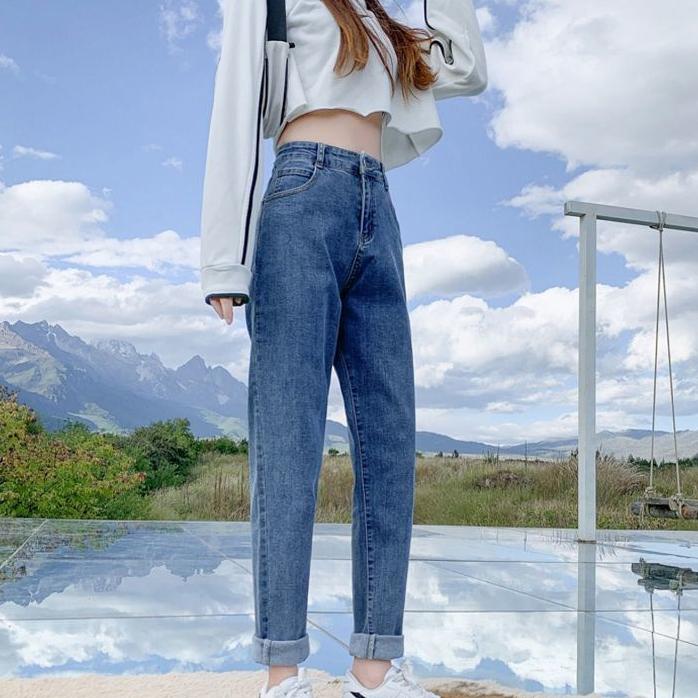 Women Spring and Summer Long Jeans High Waist Loose Solid Color Straight Haren Cropped Pants