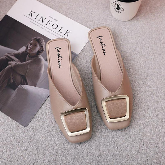 Slippers Sandals Women's Summer Fashion Outer Wear Square Buckle Not Leaking Toes Half Slippers It's One Size Bit Smaller