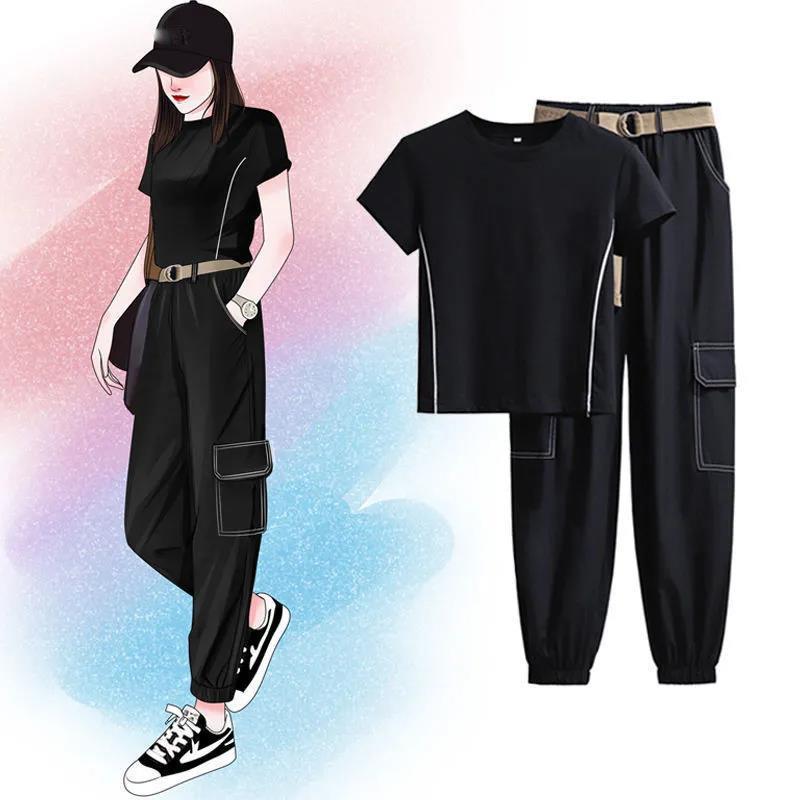 Large Size Casual Sports Suit Women's Short-sleeved Jacket Loose and Thin Overalls Two-piece Cool Girl Black Suit Round Neck Short-sleeved Overalls