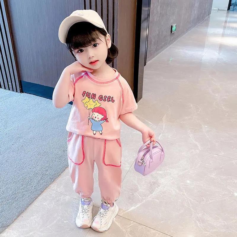 Children's Suit Summer Thin Korean Style Loose Print Girls Suspender Trousers and Leggings Two Piece Set