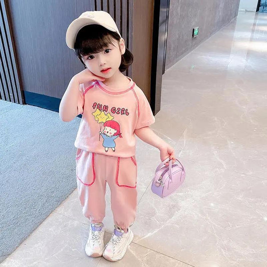 Children's Suit Summer Thin Korean Style Loose Print Girls Suspender Trousers and Leggings Two Piece Set