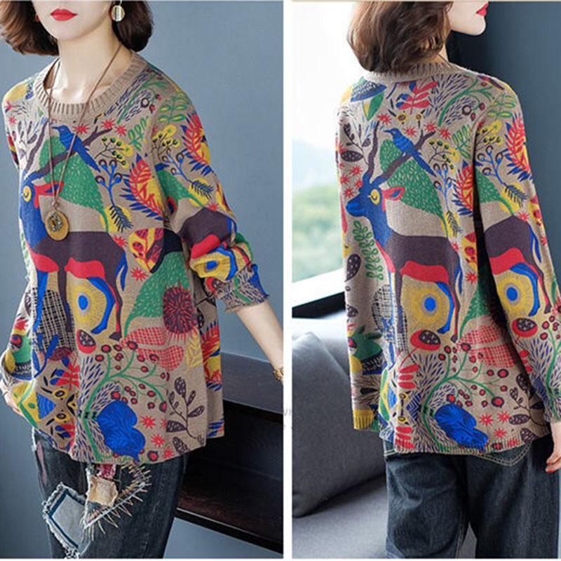 Bohemian Printed Sweater Female Soft Pullover Sweater Loose O-neck Jumper Knit Outwear