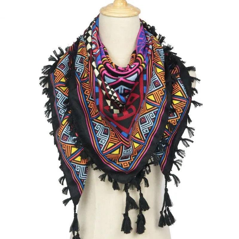 Women's ethnic style warm huge square scarf cotton printed fringed scarf Bohemian Muslim windproof travel shawl Multifunctional turban shawl 110x110cm