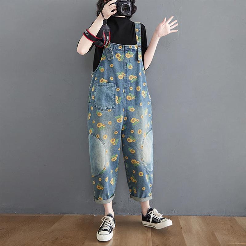 Women Denim Overalls, Sunflower Print Jumpsuits, Loose Wide Leg Pants, Oversized Baggy Ladies Pantst, Retro Trousers