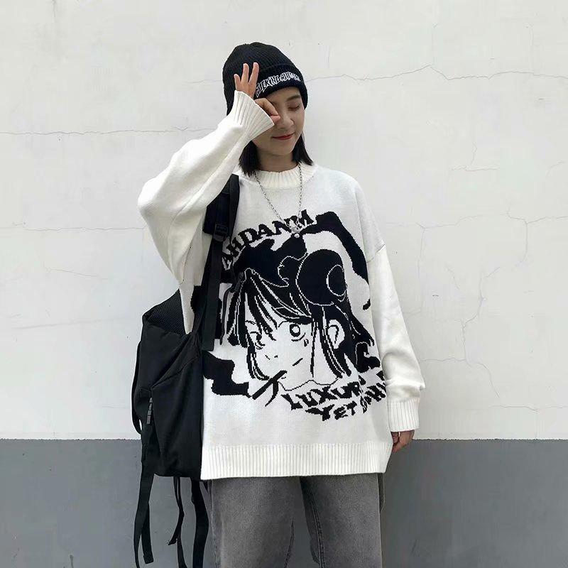 Anime Sweater Streetwear Hip Hop Harajuku Knitted Sweaters Women Oversized Loose O Neck Long Sleeve Black White Pullovers Japanese Fall Winter Sweater