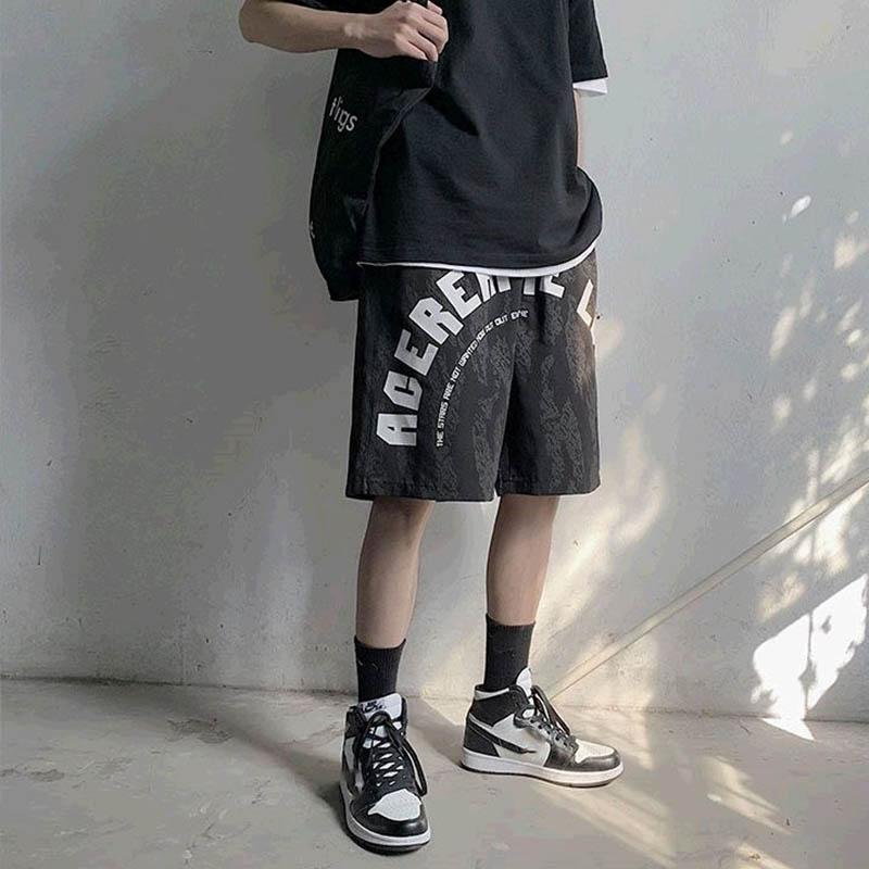 Men's Summer Hip-hop Style Letter Printing Beach Pants Casual Loose Straight Five-point Pants Breathable Sweat-absorbing Basketball Sports Pants