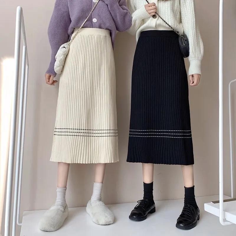 Knitted Skirt Autumn and Winter Women's High Waist Mid-length All-match A-line Skirt Covering Crotch