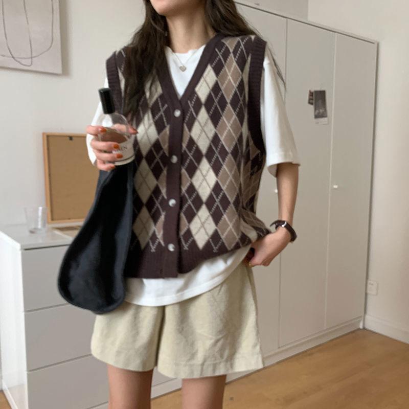 Spring and Autumn College Style Retro V-neck Plaid Knitted Vest Women's Loose Outer Wear Sleeveless Women's Sweater Vest