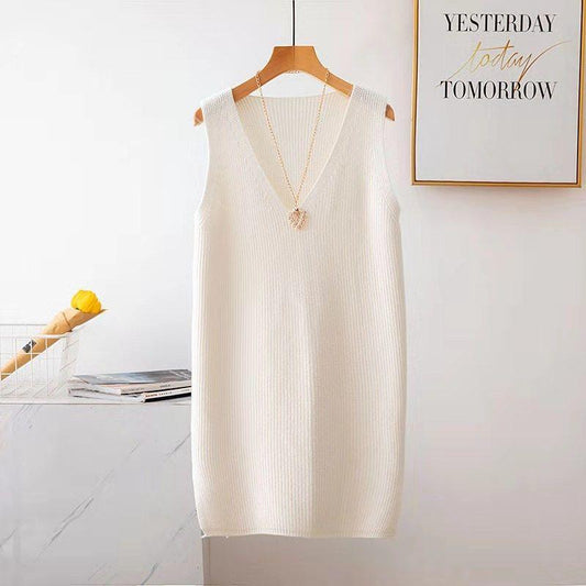 Spring and Autumn Loose Pullover Vest Mid-length Fashion Knitted Vest V-neck Waistcoat Women's Dress