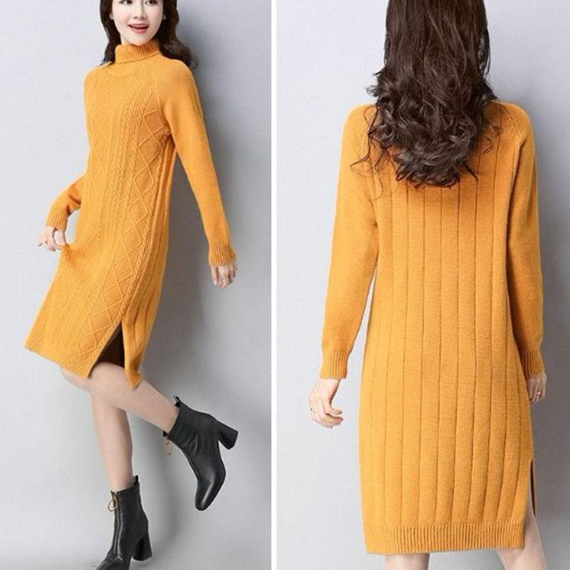 Autumn and Winter Thick Mid-length Sweater Dress Slim High Neck Knitted Bottoming Shirt Fashion Solid Color Women Sweater Dress