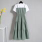 Women Vintage High Waist Round Neck Holiday Splicing Dress Elegant Slim Large Size Pleated Short Sleeve Casual Dress