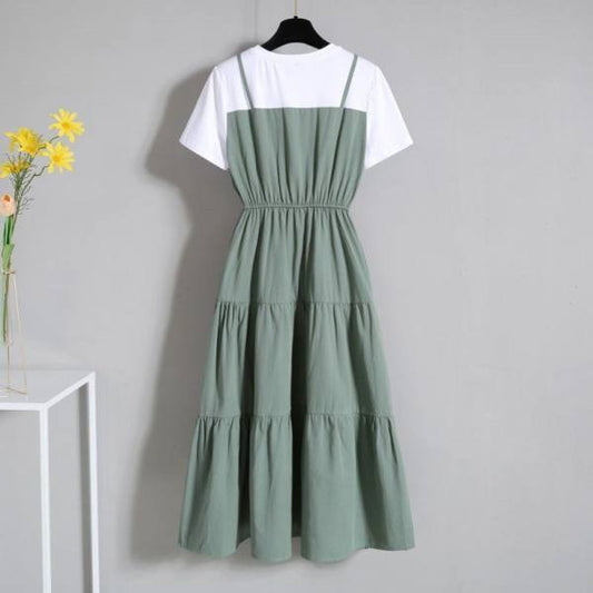 Women Vintage High Waist Round Neck Holiday Splicing Dress Elegant Slim Large Size Pleated Short Sleeve Casual Dress