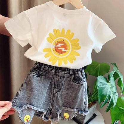 2PCS Children Clothing Set Spring Summer Girls Suits Printing Chrysanthemum Short Sleeve Tops + Pants Clothing Set