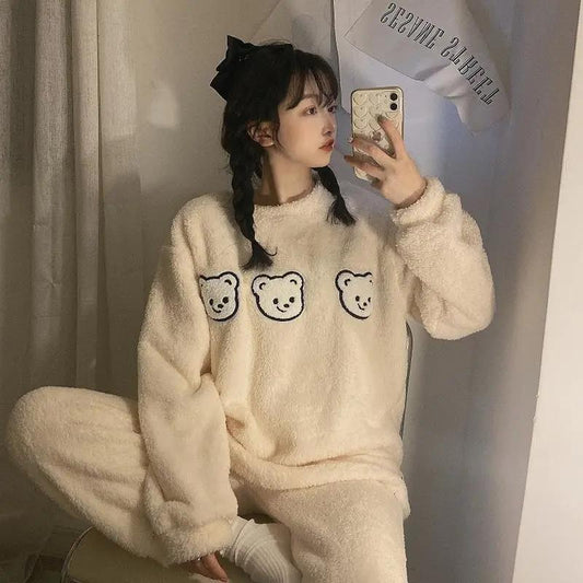 Women's Cute Cartoon Bear Coral Fleece Pajamas Set Thickened Warm Soft Flannel Outer Wear Home Wear Set Loose Pullover Pants Set