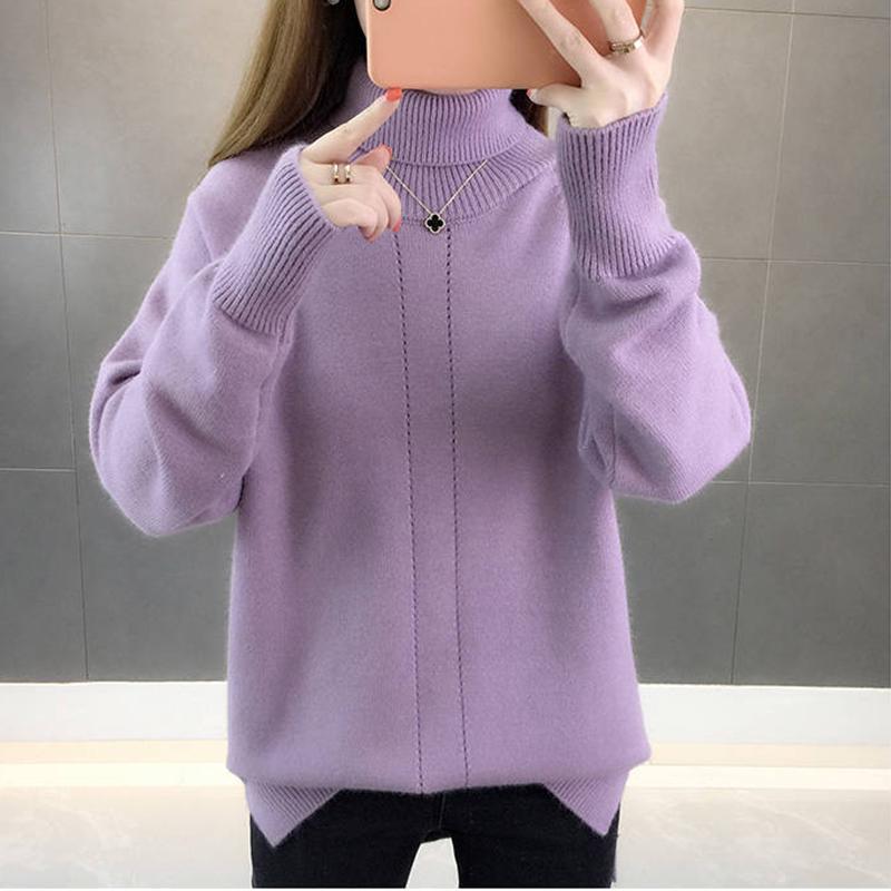 Women Solid Turtleneck Thicken Warm Pullover Sweater Loose Office Short Bottoming Shirt