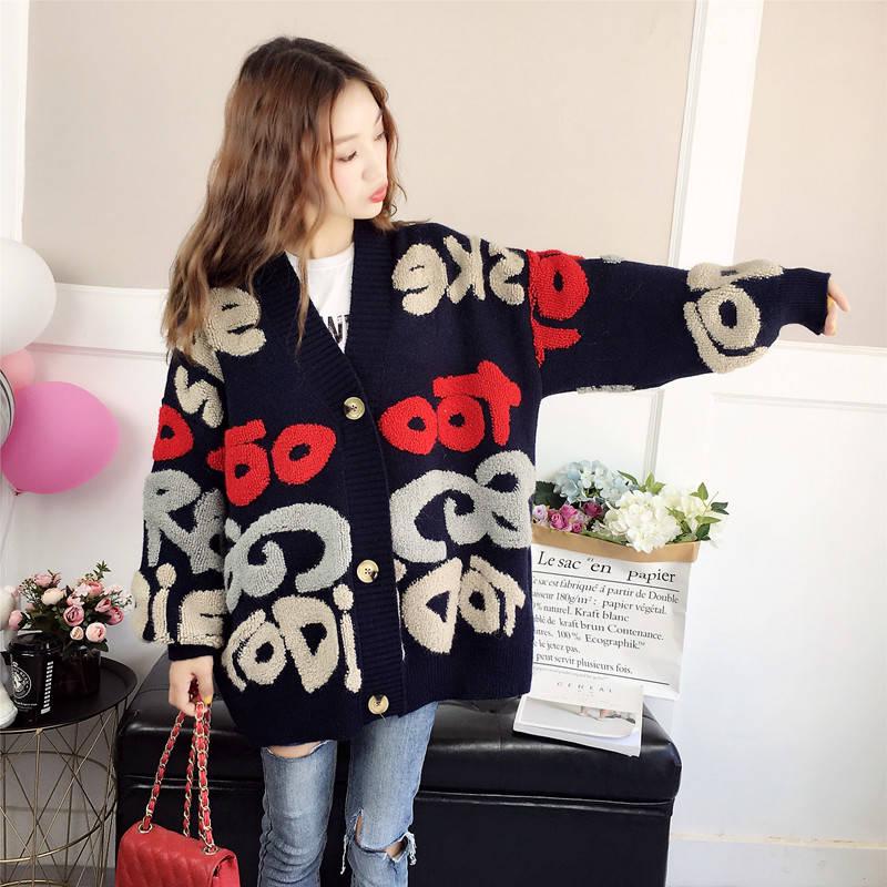 Women's Letters Jacquard Loose Knitted Jacket Long-sleeved V-neck Sweater Cardigan