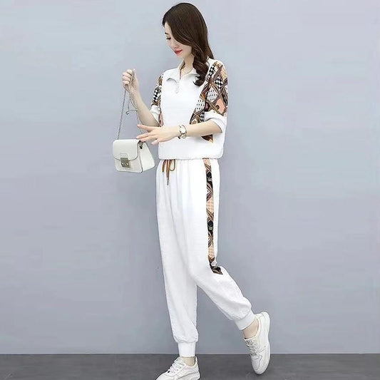 Summer Mesh Sleeve T-shirts+pants 2021 Casual Western Style Loose and Thin Mesh Stitching Two-piece Woman Suit