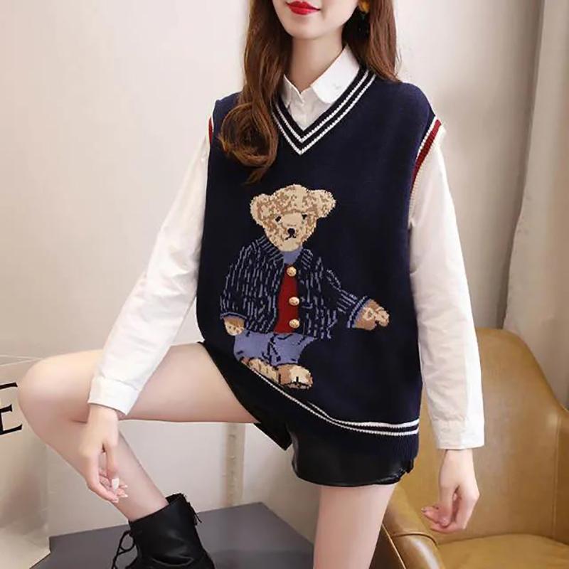 Bear Pattern Women's Sweater Vest Sleeveless Waistcoat Knitted Waistcoat Women's Vest V-neck Outer Wear All-match Knitted Waistcoat