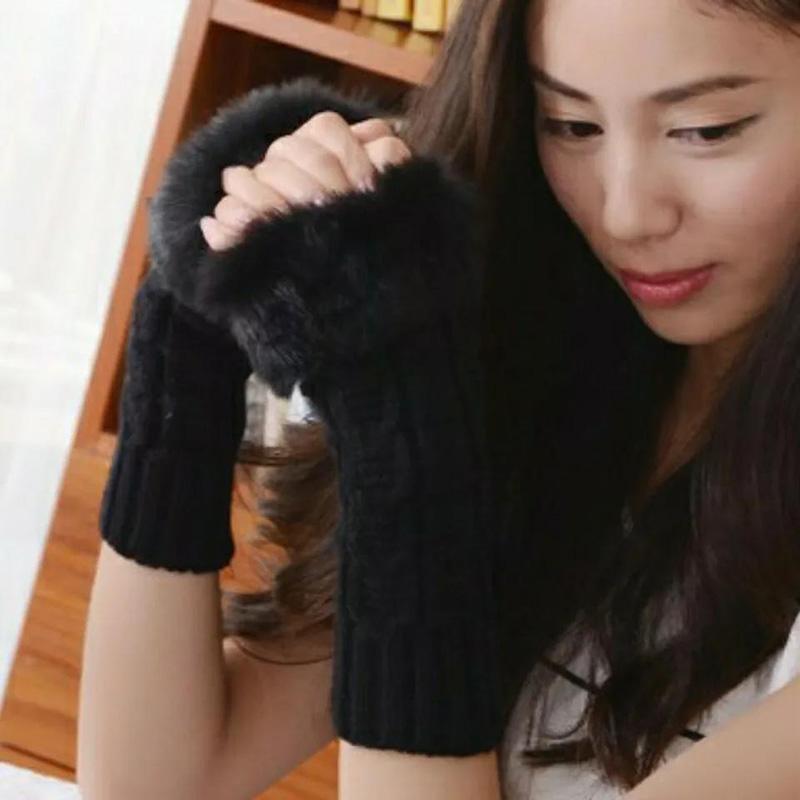 Women's Winter Plush Gloves Woolen Knitted Thickened Arm Sleeves Fake Sleeves Fingerless Mittens Half-finger Lengthened Hand Wrist Warmer Gloves