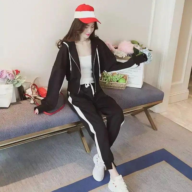 2PCS Women's Striped Suit Ladies Spring and Autumn Casual Sportswear Sweater Cardigan Jacket + Loose Pants Two-piece Suit Girlfriend Sets